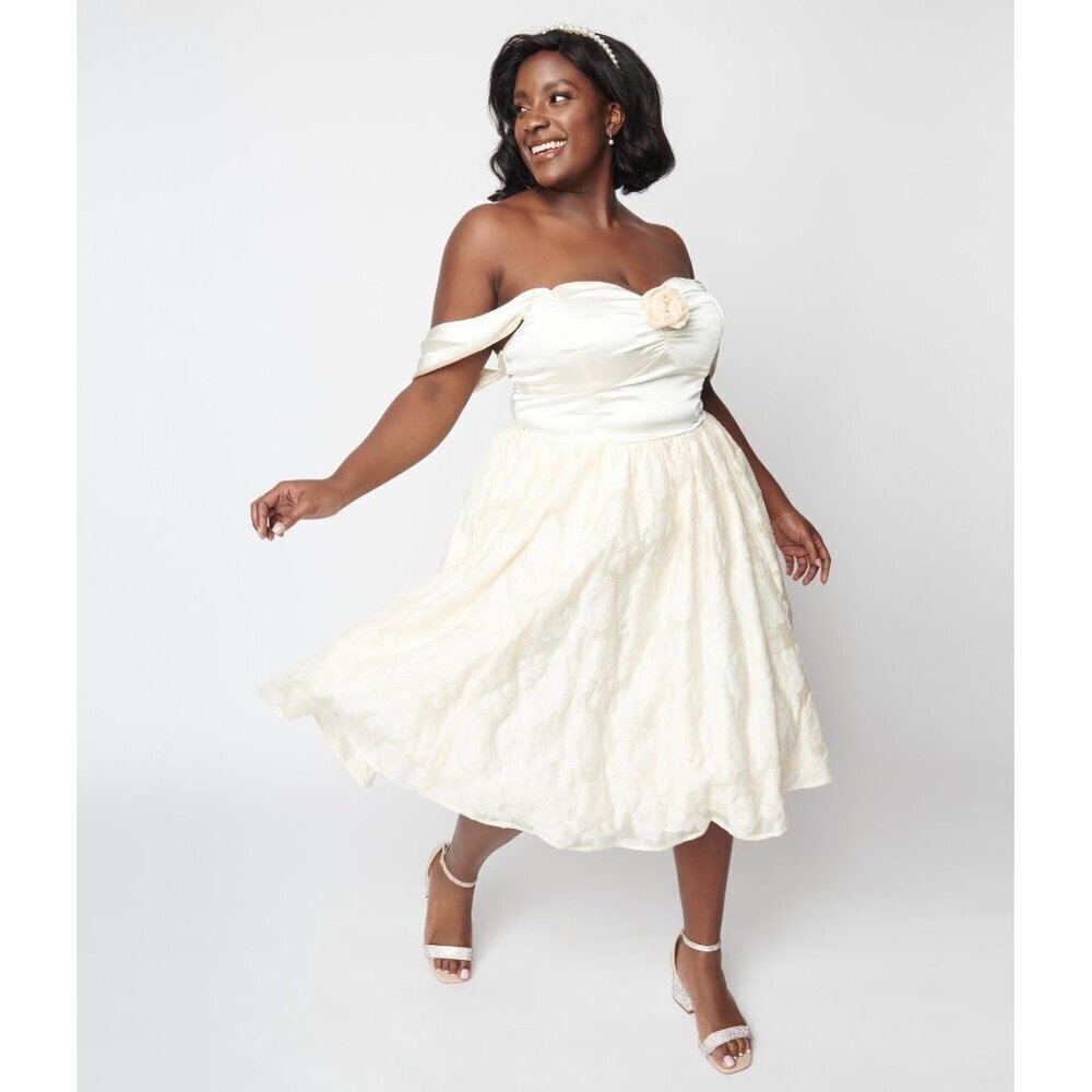 NWT Unique Vintage Ivory Off-Shoulder Fit & Flare Wedding Dress